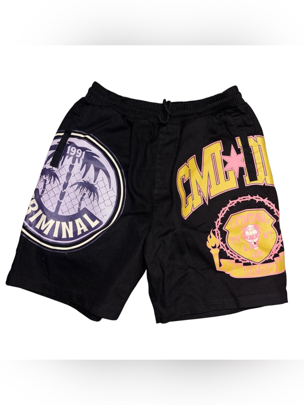 Criminal Damage Varsity Twill Shorts Black Pink Yellow Men’s Medium